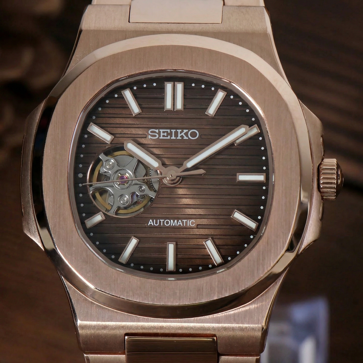 Nautilus Rose Gold & Chocolate Brown Open Heart