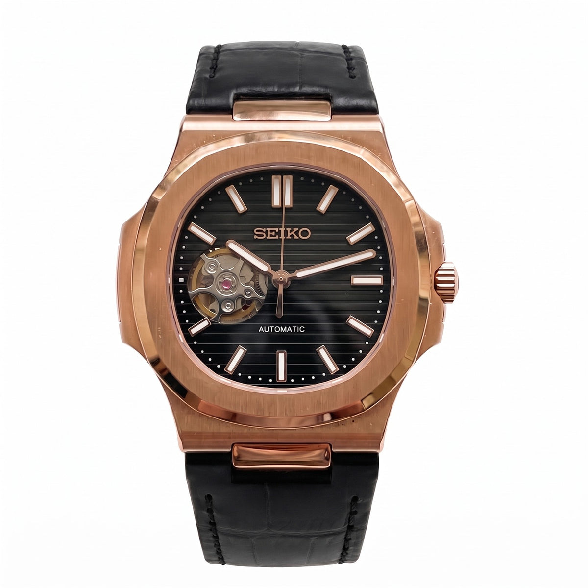 nautilus-rose-gold-open-heart-black-leather
